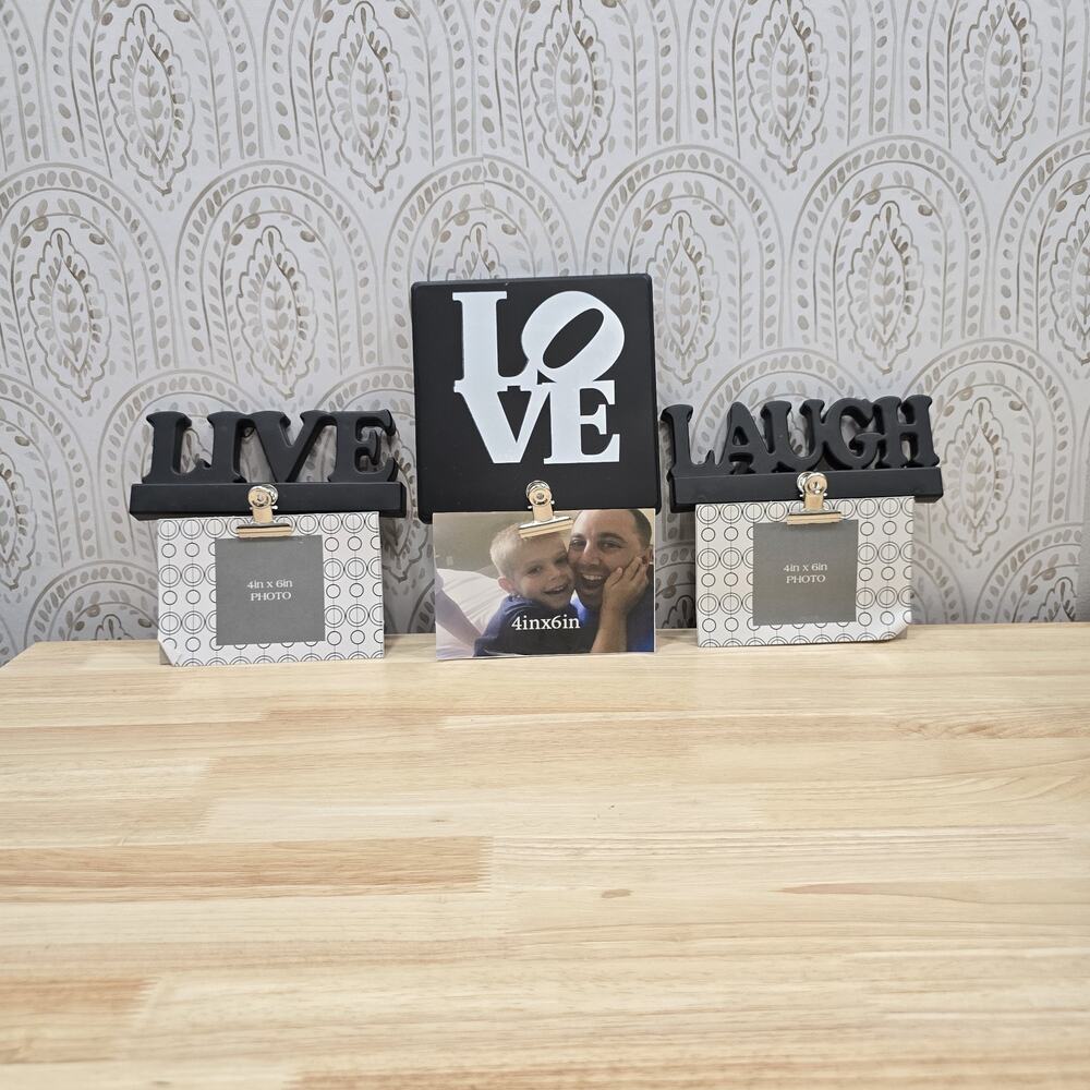 Live Laugh Love Photo Display Wall Decor Set of 3 Picture Hanging Frames Clips